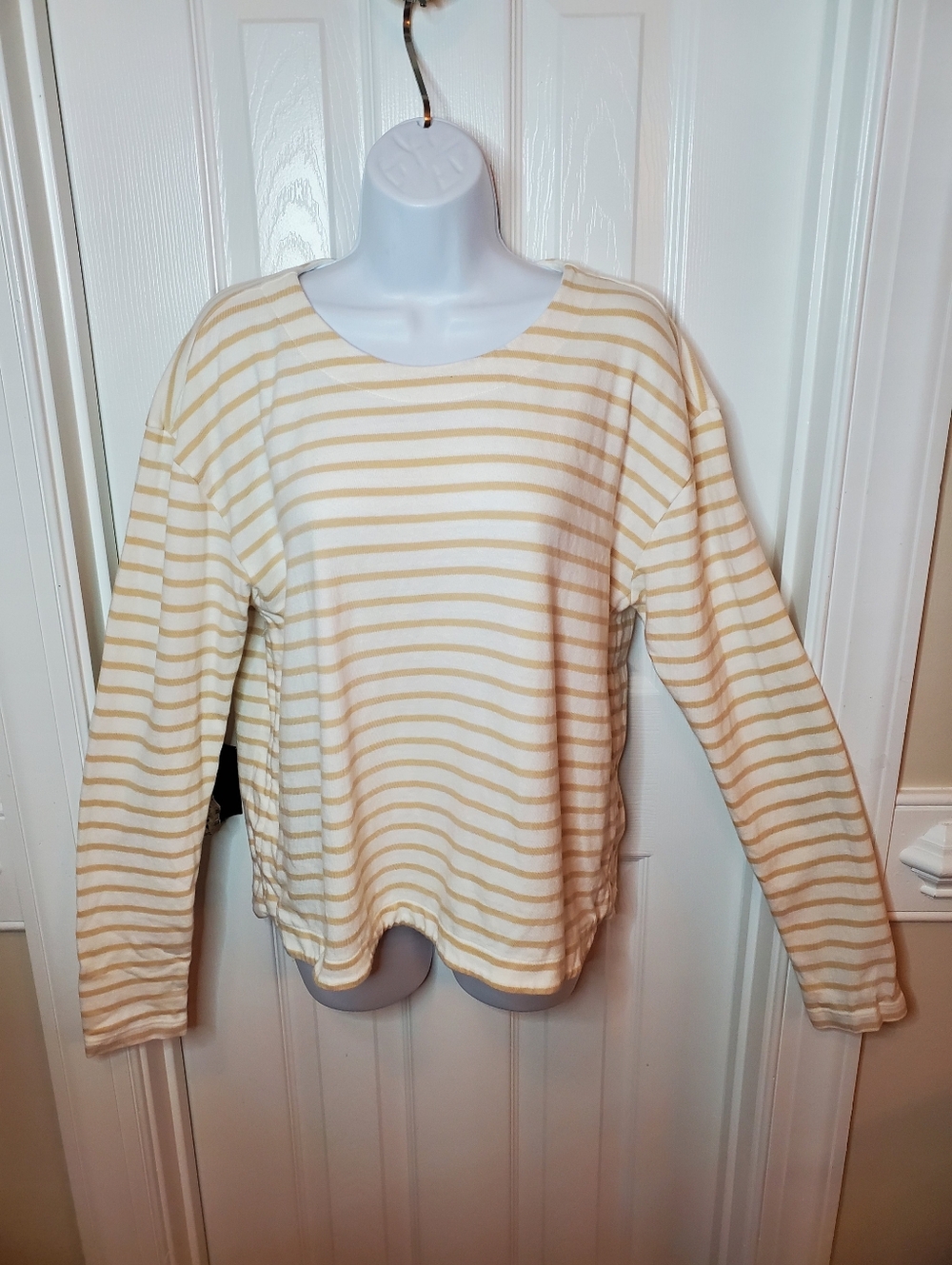 Lands End Striped Cotton Long Sleeve Shirt M Gold Cream